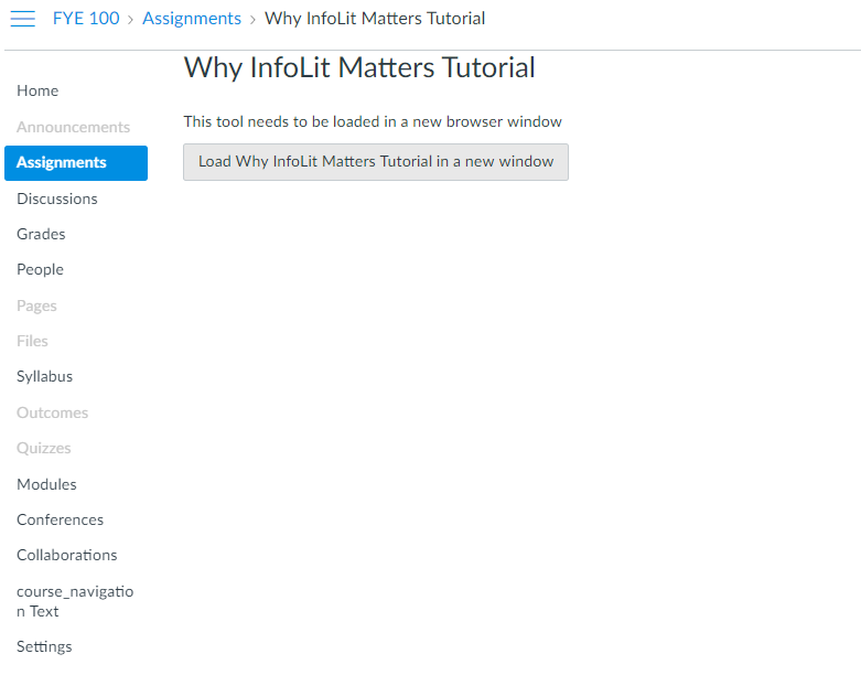 A Canvas page with a link that says 'Load Why InfoLit Matters Tutorial in a new window'