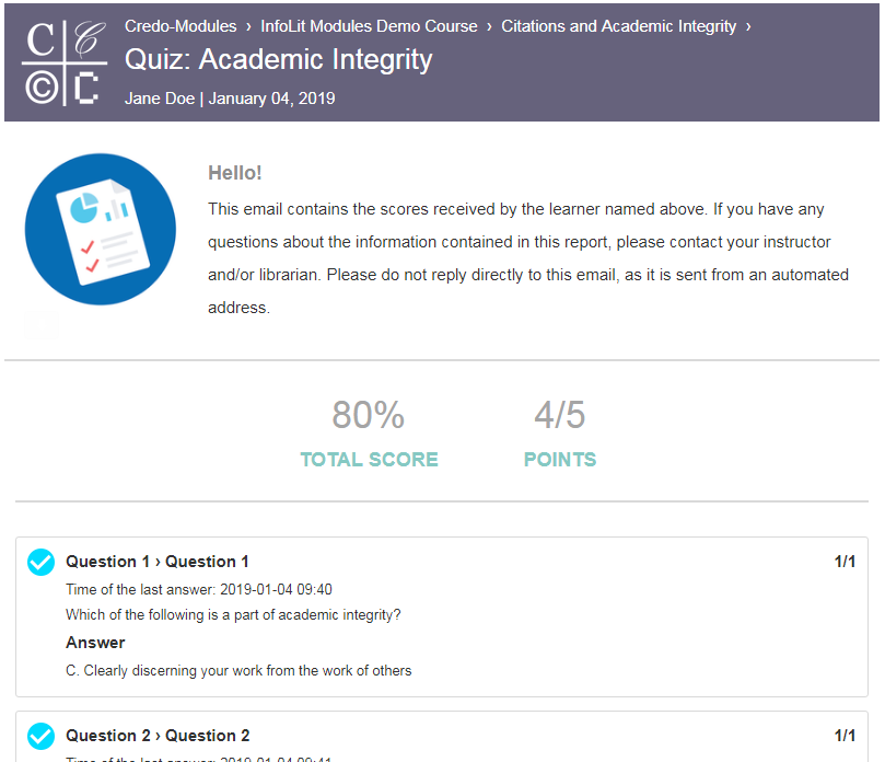 An example assessment results email, showing the information described above including name, overall score, and results on each question.