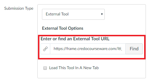 Image of a Canvas assignment settings with an LTI link added as an external tool URL